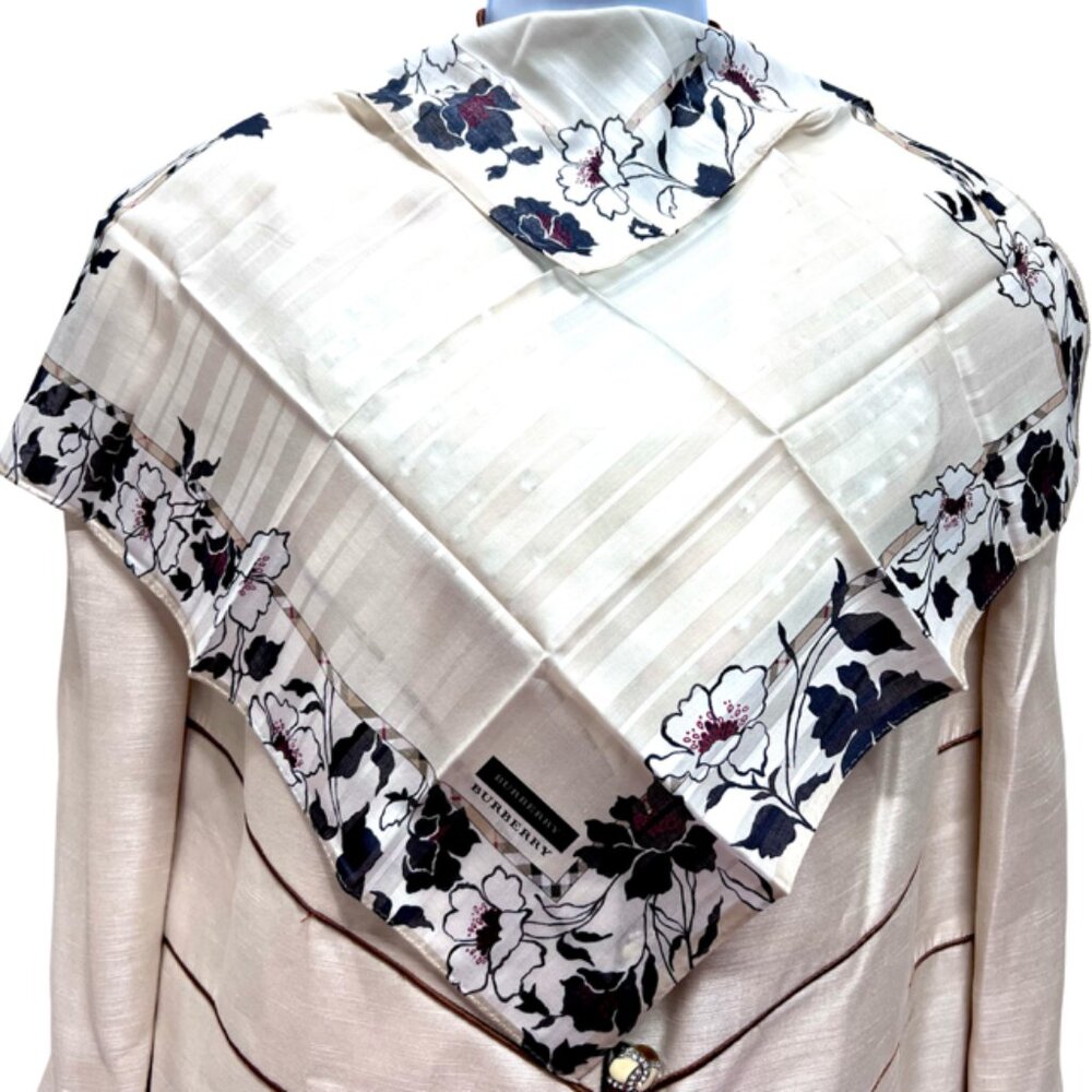 New  Burberry Miniscarf/handkerchief  20"Cotton/silk ivery purle black flora(31 - Picture 2 of 5